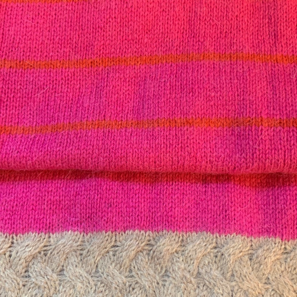 KNITTED WOOL BLEND SCARF PINK STRIPE TAN TRIM